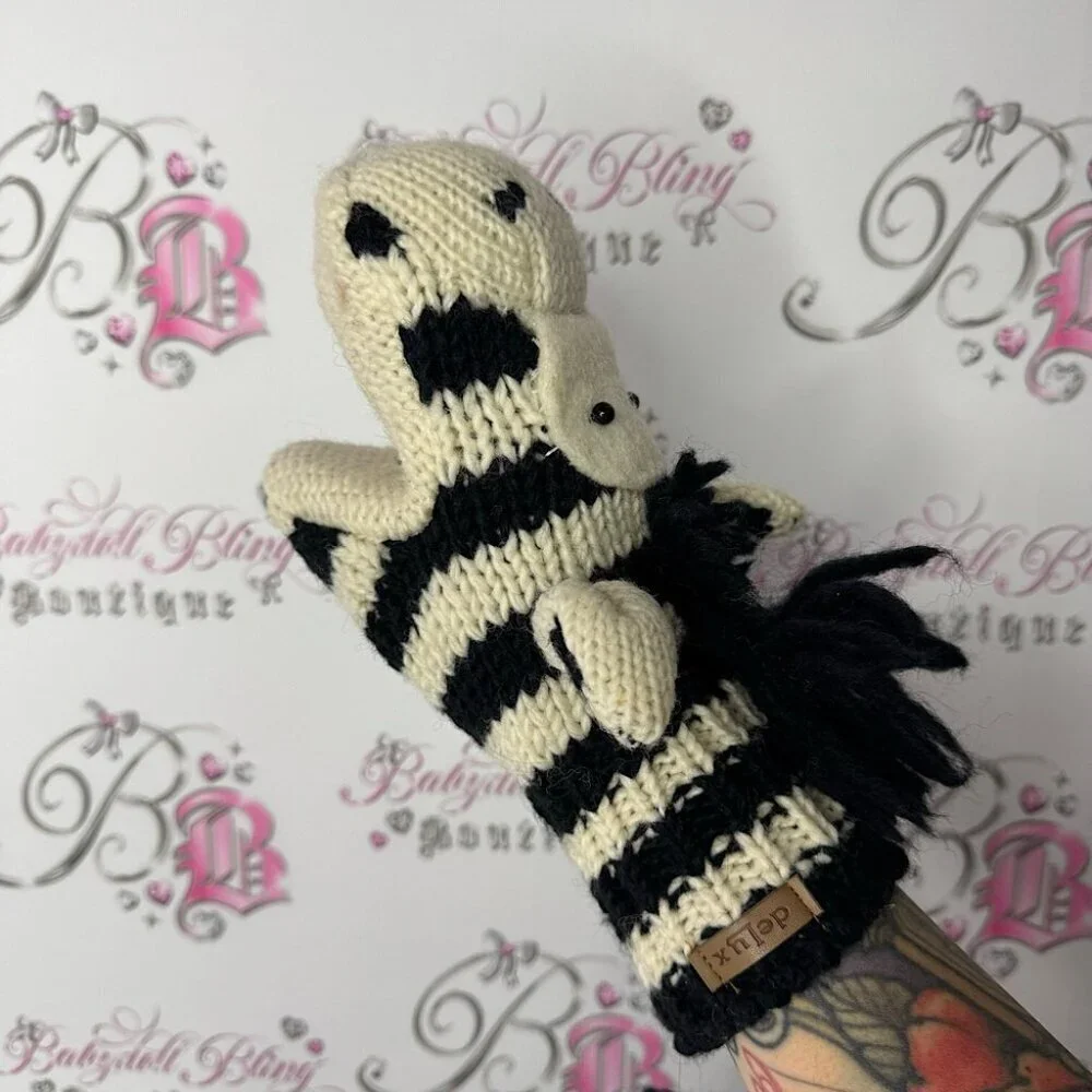 Delux mittens zebra wool thick warm animal puppet style cute winter gloves y2k